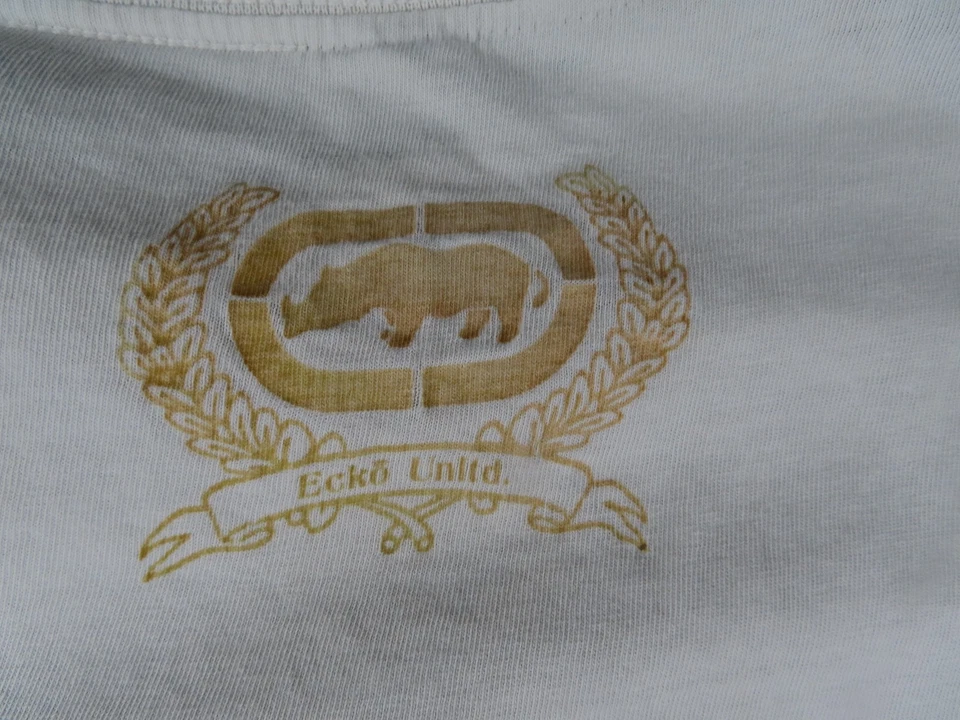 Camisa Ecko Unltd Para Hombres 2XL Blanca Oro Centro Logo Gráfico Camiseta Envejecida Y2K Foto 4 de 4