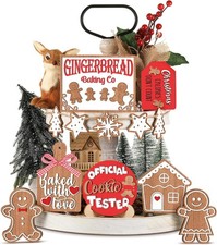 Jetec 12 Pcs Christmas Tiered Tray Decor, Gingerbread, Gingerbread House, Snowfl