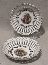 2 Vintage Collectable German  Porcelain Bowls Trellis Lace Rim Courting Couples