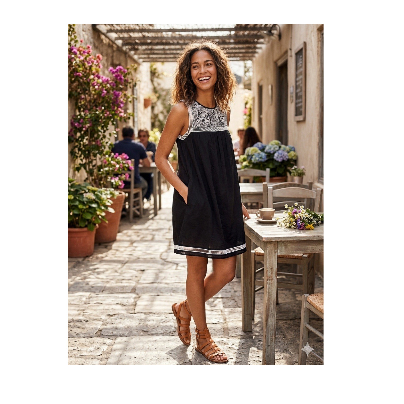 Tory Burch Black White Embroidered Sleeveless A-Line Dress Short L