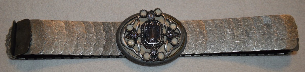 VINTAGE STRETCH BELT SILVER METAL SNAKE FISH SCALE JEWEL  display picture 2