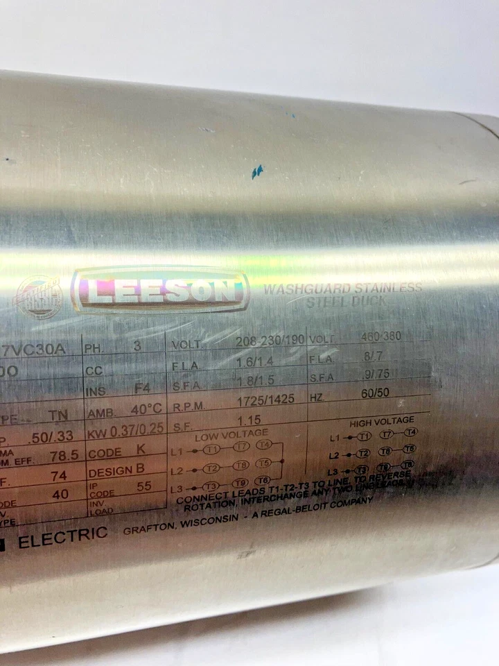 Leeson CZ6T17VC30A Washguard Stainless Steel Motor 3PH 1/2HP 208/230v 460/380v - Image 3 of 4