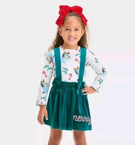 Target Toddler Bluey Christmas 2pc Long Sleeve Top Skirtall Set Romper Dress 4T