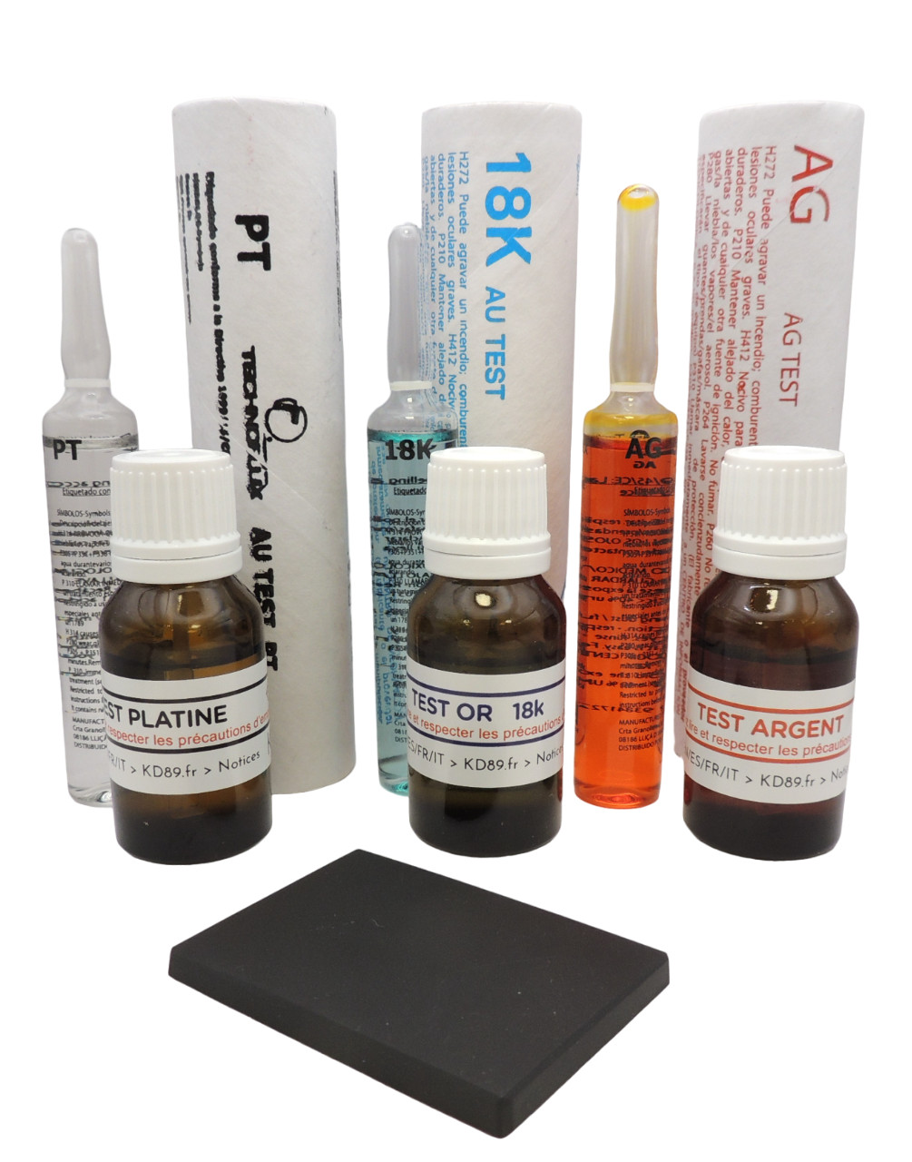 Kit métaux précieux or blanc platine argent fiole de test et pierre de touche noire