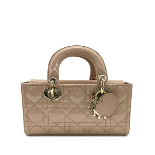 Authenticated Dior Small Patent Cannage Lady D-Joy Brown Beige Leather Satchel