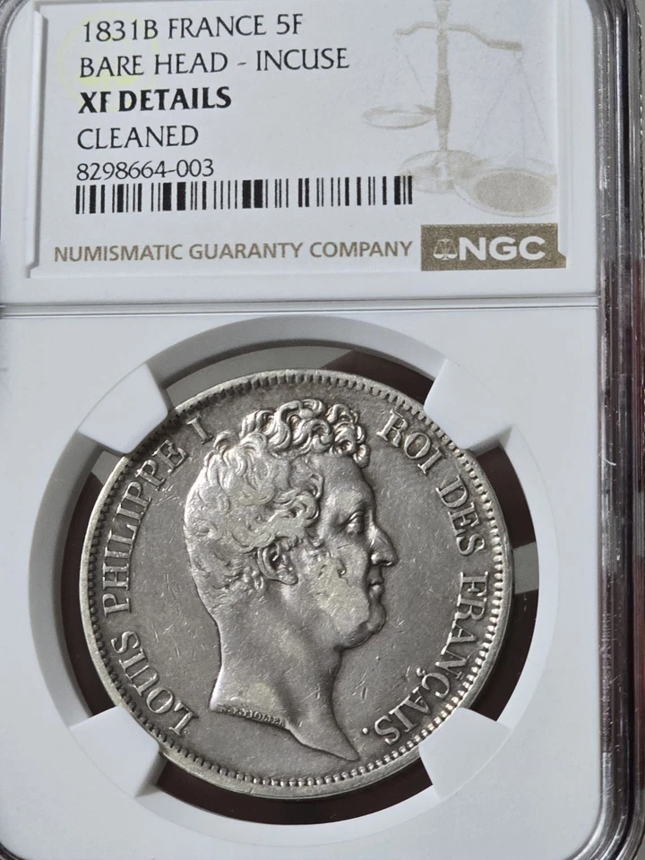 1831B Francia 5 francos cabeza desnuda incuse NGC XF detalles limpios Foto 3 de 3