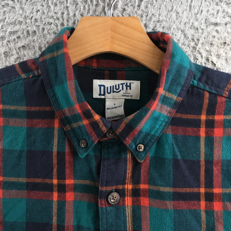 Duluth Trading Co Shirt Mens L Green Orange Plaid Button Front Relaxed Fit - Image 3 of 4