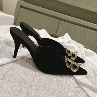 Balenciaga Women's Black Solid Pointed Toe Pumps with Logo Accent Stiletto Heel