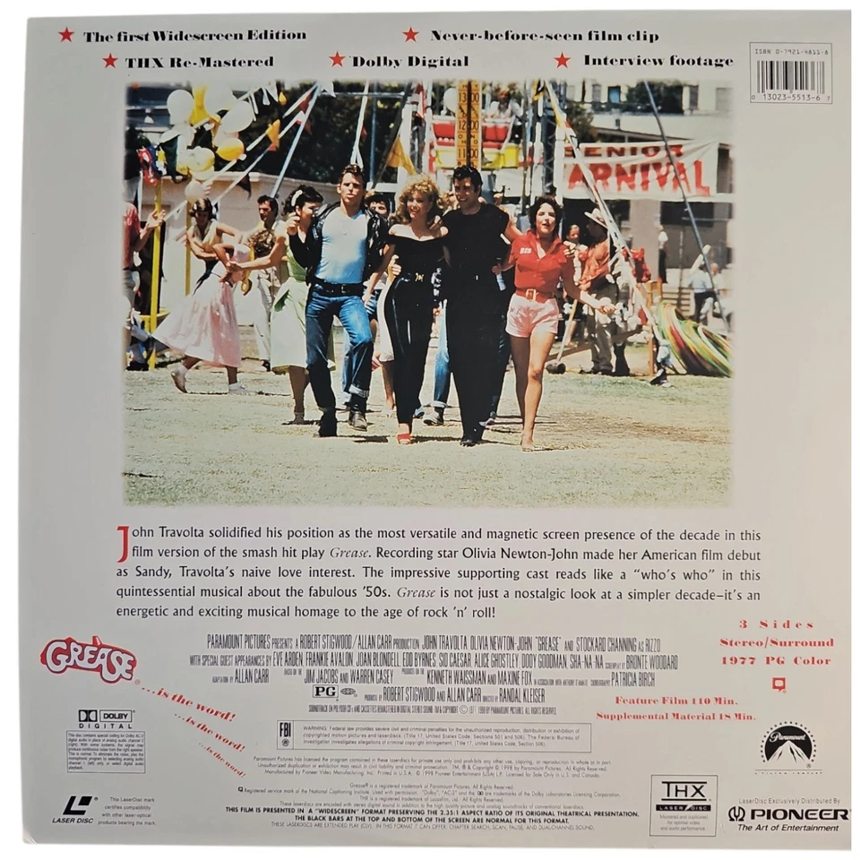 Grease 20th Anniversary Widescreen THX Laserdisc LD John Travolta  - Image 2 of 2