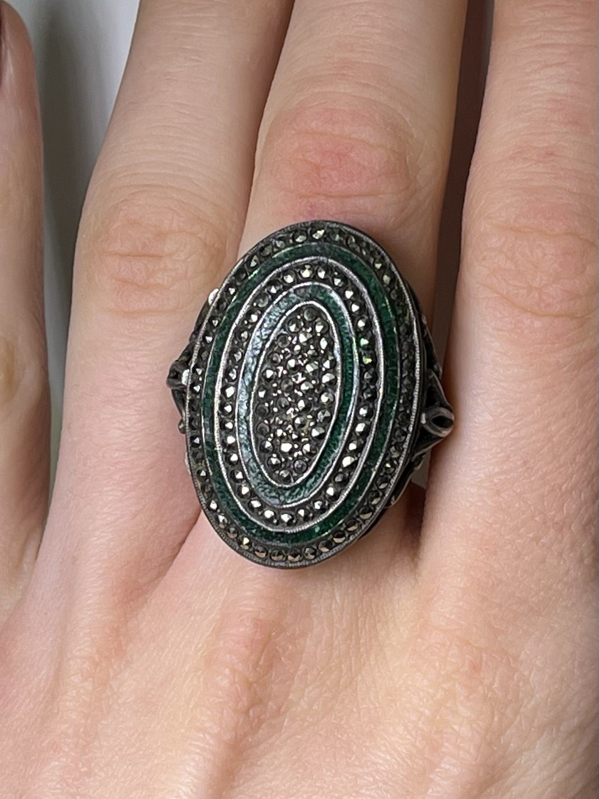 Art Nouveau Sterling Silver Marcasite Oval Cocktail Ring & Green Enamel, Sz 7