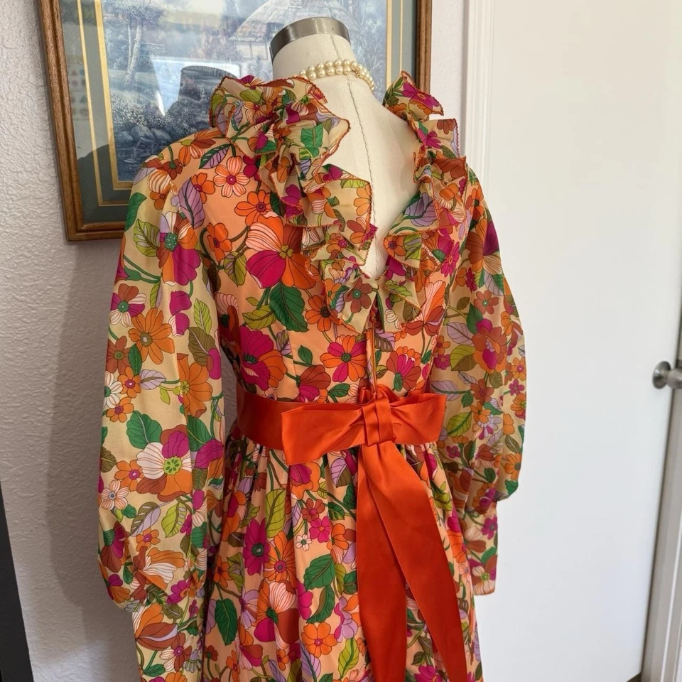 Maxi Vestido Floral Naranja Americano Vintage Años 60, Hippie, Retro, Vintage Foto 4 de 4
