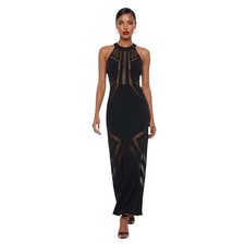 Jovani Size 0 Black Cutout Nude Mesh Sleeveless Halter Cocktail Maxi Gown