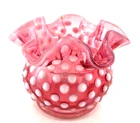 Vintage Fenton Pink White Hobnail Squat Vase Ruffle Top 3"