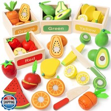 TooyBing Wooden Play Food Toy Set for Kids Kitchen - 30 Pcs Montessori Cuttin