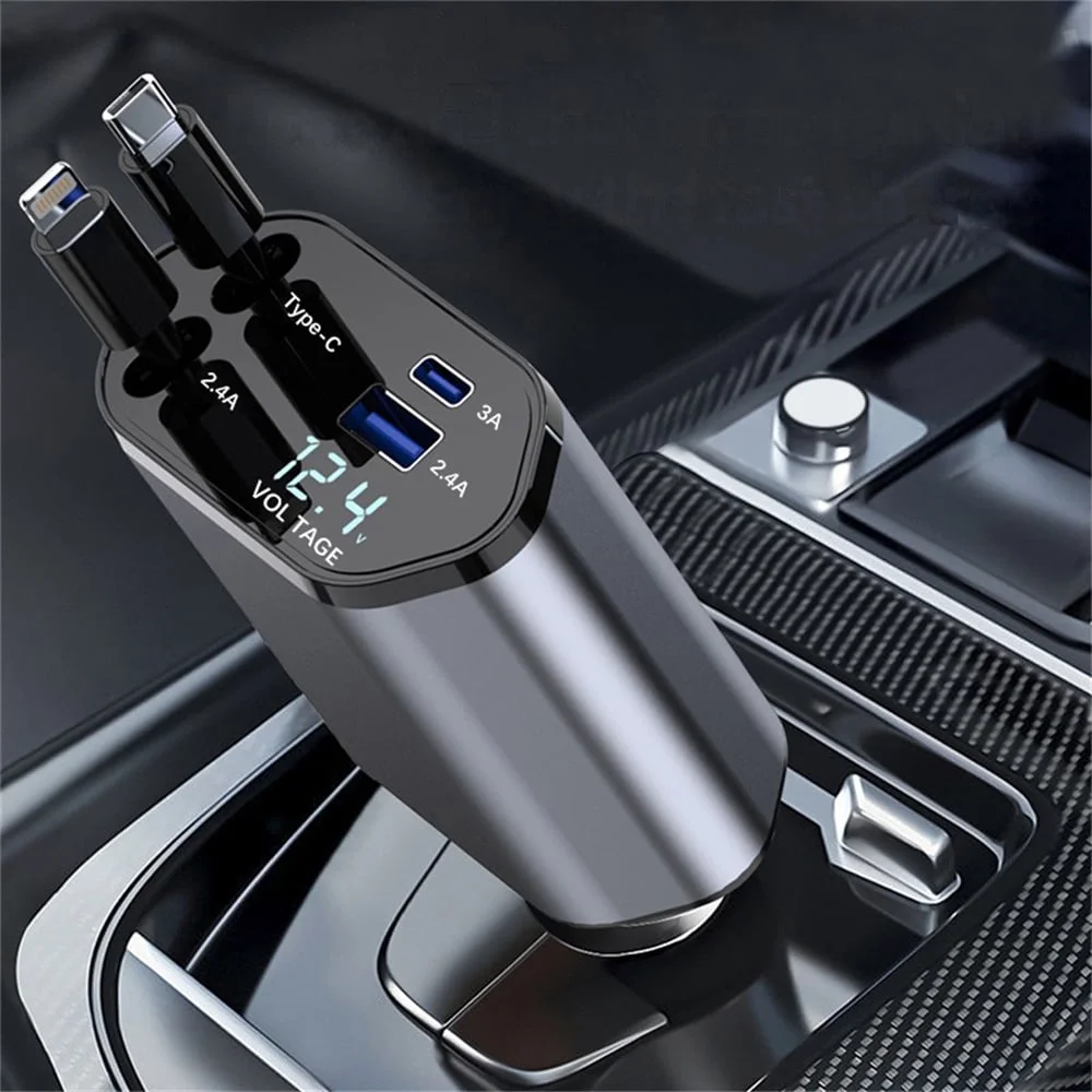 4 in 1 Retractable Car Charger, 100W Fast Car Phone Charger with Iphone and Type