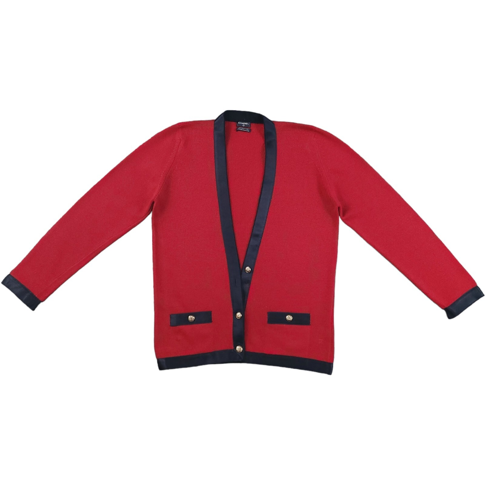 Chanel Vintage CC Gold Button Down Red & Black Trim Cashmere Cardigan Size UK 12 image 3