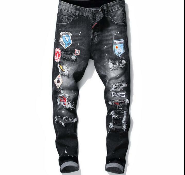 Mens Black Denim Jeans Pockets Ripped Straight Leg Hip Hop Punk Pants