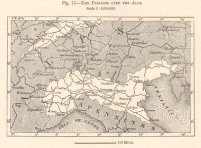 Die Passagen über die Alpen. Alpenpässe. Europa Skizze Karte 1885 alt