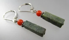 Bohi 925 Sterling Silver Dangling Red Bead Green Unkown Stone Earrings 129Q