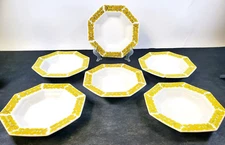 Vintage Set 6 Independence Ironstone Yellow Bouquet Octagonal Rim Soup Bowls 8"
