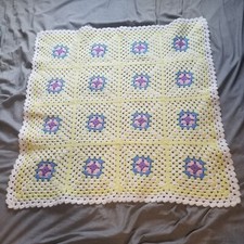 Granny Square Handmade Crochet Afghan Blanket Throw 36 x37 Yellow White Blue
