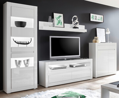 Wohnwand Wohnzimmer Schrankwand weiß Hochglanz Set mit Vitrine Soft-Close Nobile
