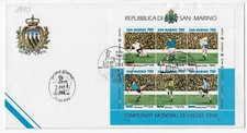 1990 SAN MARINO - Busta Primo giorno con foglietto Mondiali di Calcio 700L