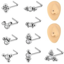 Juego de 9 piezas de tachuelas de nariz de cristal de acero inoxidable en forma de I/L/S piercing nasal joyería