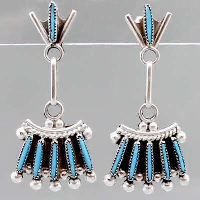 ZUNI-STERLING SILVER & TURQUOISE NEEDLEPOINT  DROP EARRINGS by SAMANTHA WAATSA
