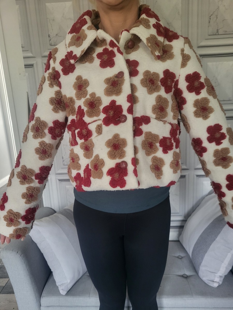 Neon Rose floral applique cropped boxy jacket in beige and red size 10