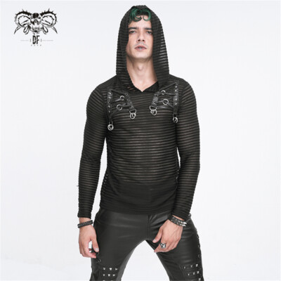 Devil Fashion Men Black Gothic Striped Long Sleeve Tops Daily Hooded  T-Shirt