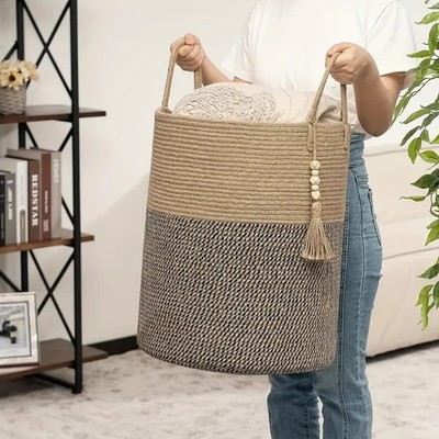 1pc Jute Rope Woven Hamper, Laundry Basket, Tall Woven Collapsible Baskets