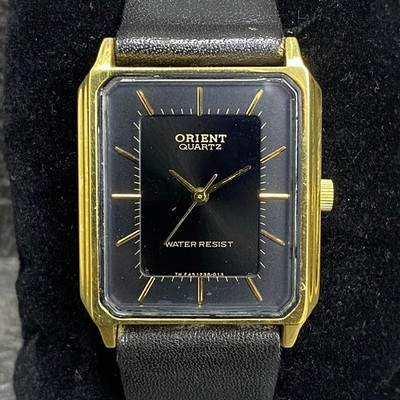 Rare ORIENT Square Quartz F451736-013 Black Dial Leather Classic Watch Vintage