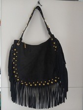Black Vegan Suede Studded and Fringed Hobo Bag Boho Hippy