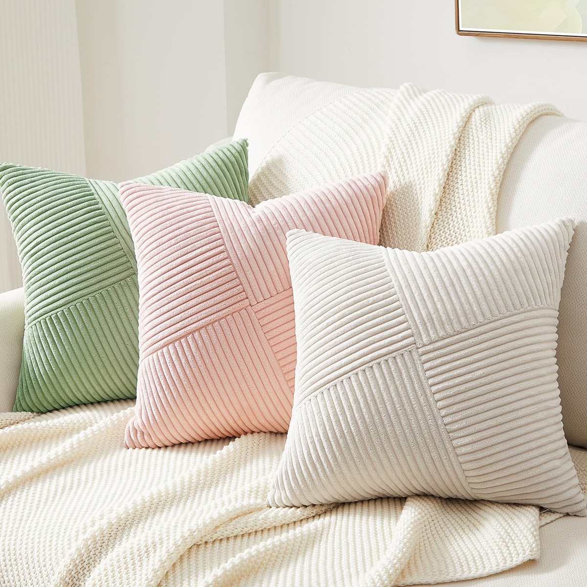 Mecatny Lot De 2 Housses De Coussin 50x50 Cm – Velours Côtelé Rayé Blanc Crème – Doux, Avec Fermeture éclair – Pour Canapé, Lit, Déco Salon