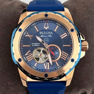 Bulova Marine Star Automatic 45mm Blue Dial Rubber Strap Men's Watch 98A227