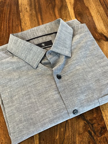Hart Schaffner Marx Shirt Mens Large Blue Chambray Short Sleeve Preppy Button Up - Picture 10 of 11