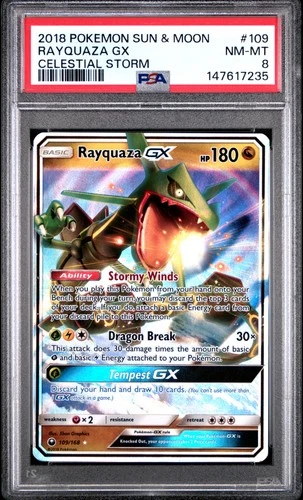 2018 POKEMON SUN & MOON CELESTIAL STORM #109 RAYQUAZA GX PSA 8