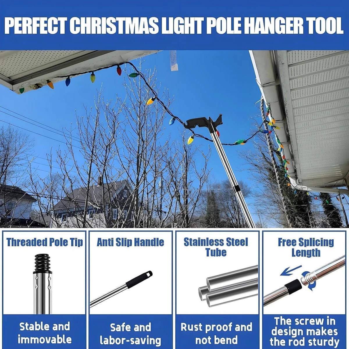 3-15 Ft Christmas Light Hanger Extension Pole with Utility Hook