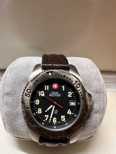 Swiss Military 100M Stainless Steel Militaria Watch Brown Leather Strap
