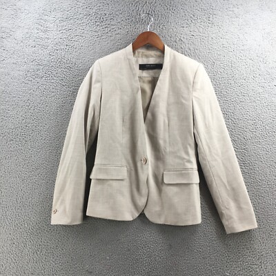 Zara Basic Blazer Jacket Womens Beige Long Sleeve Casual Collarless  Button