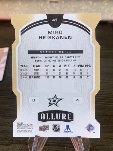 Miro Heiskanen 2020-21 Upper Deck Allure #41 Orange Slice Die-Cut Parallel - Picture 2 of 2