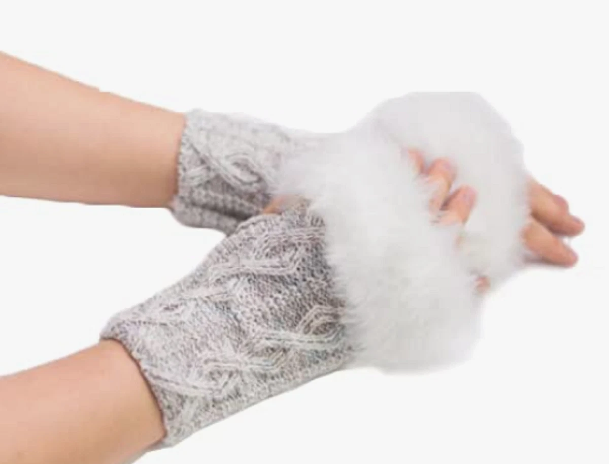 Winter Knitted Fingerless Gloves With Faux Fur Lining Color White