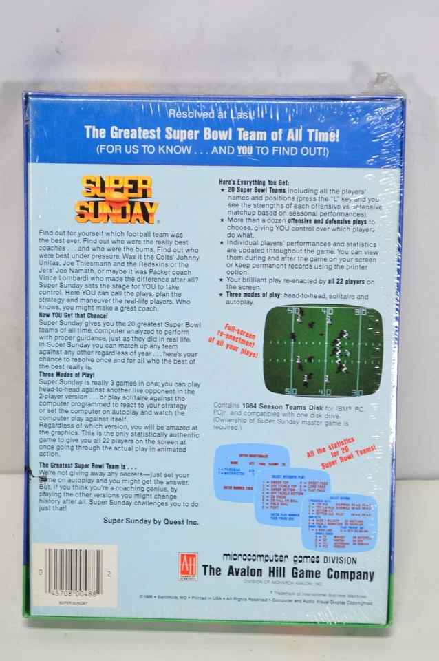 NEW Super Sunday 1984 Teams Disk IBM 3.5" PC Computer Game Avalon Hill - Image 4 of 4