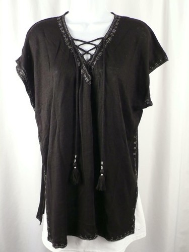 CALYPSO ST BARTH Black Linen Knit Cap Sleeve Metallic Embroidery Tunic Top Sz XS - Picture 4 of 7