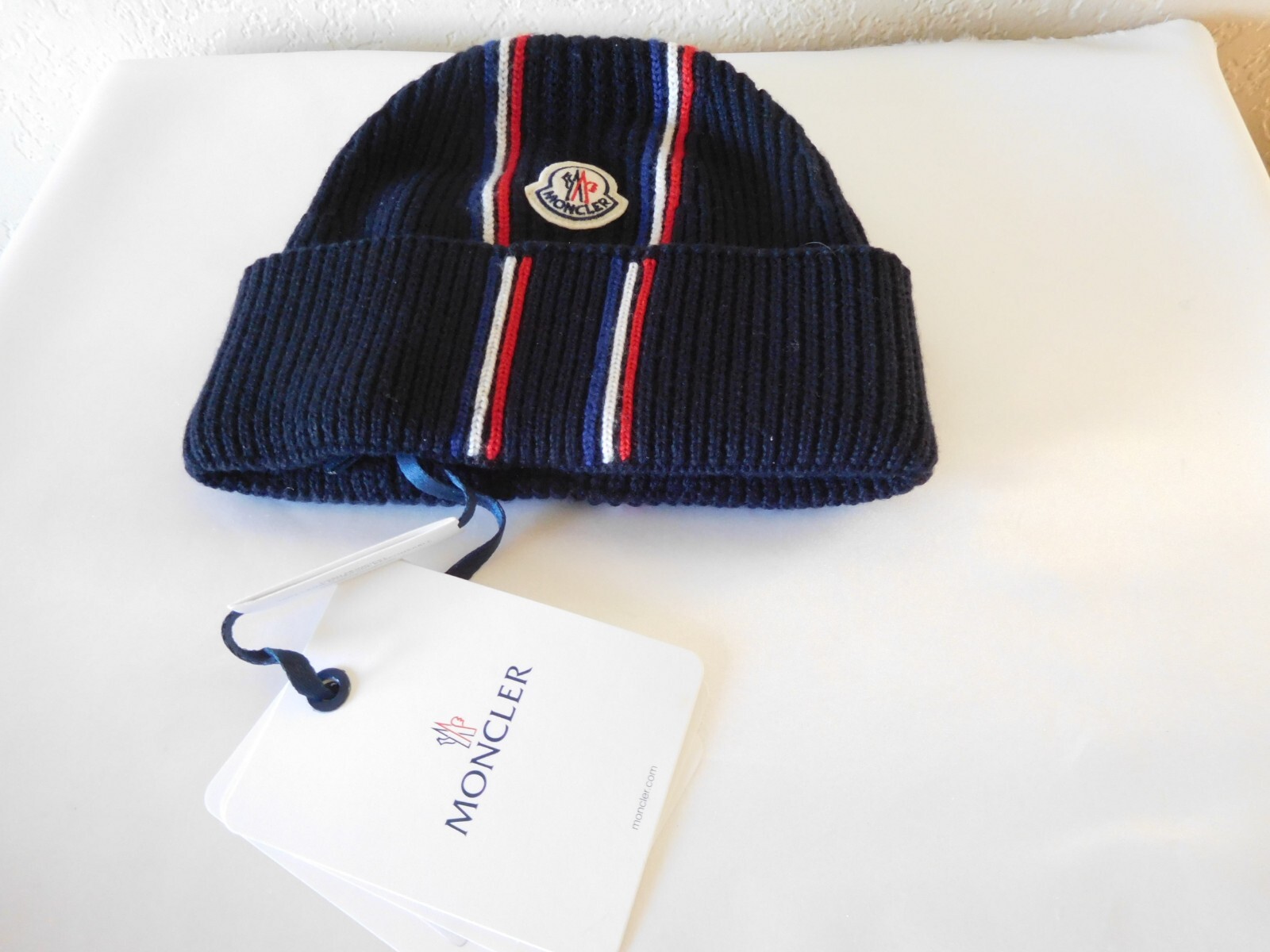 New MONCLER Berretto Tricot Men's Ribbed Beanie with Tipping ~Navy image 2