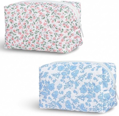 2 Stück Blumen Kosmetiktasche, Reise Kosmetiktasche für Frauen Mädchen, gesteppter Make-up Pouc