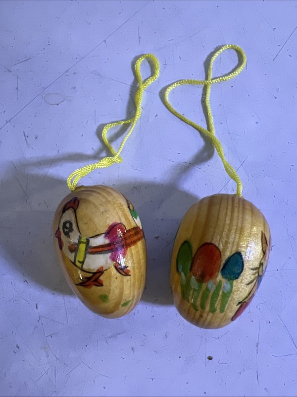 Vintage Wood Egg Easter Tree Ornaments Set of 2 Hand Painted Wooden European