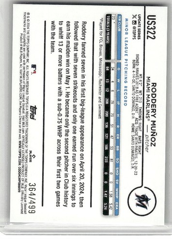 2024 Topps Update Roddery Muñoz RC /499 Green Crackle Foilboard #US322 Marlins - Bild 2 von 2