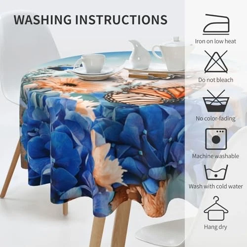 Floral Tablecloth Round 60 Inch Butterfly Flower Butterfly Spring Blue Flowers - Image 4 of 4